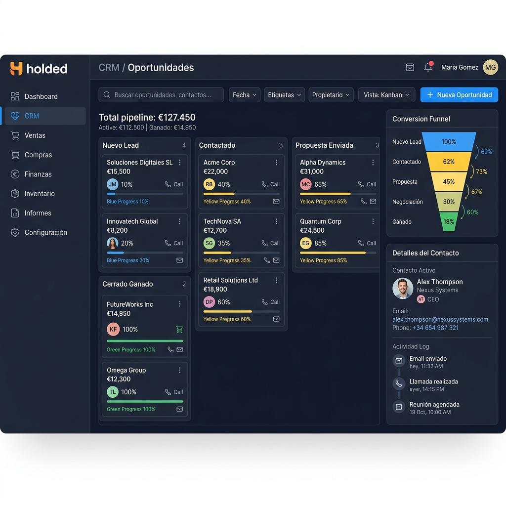 Módulo CRM de Holded — pipeline de ventas Kanban